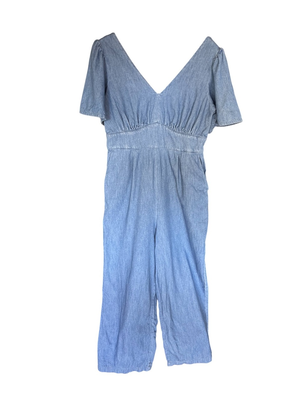 Old Navy Waist-Defined Smocked Denim Jumpsuit Chambray Large - Picture 3 of 14